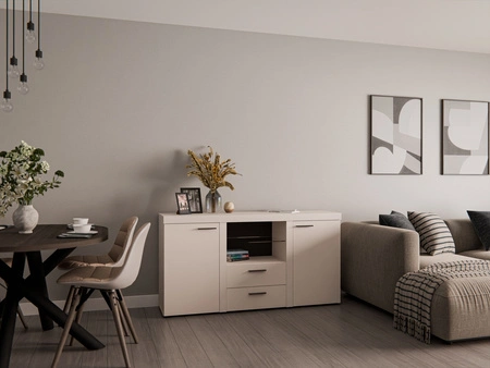 Komoda Rene 156 cm pískově béžová elegantní a univerzální styl komody do obývacího pokoje vkusné černé úchyty