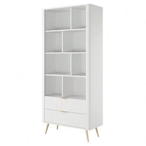 Knihovna Lante 88 cm bílá elegantní knihovna se zásuvkami designové drážkování na čelech kovové hrany úchytky