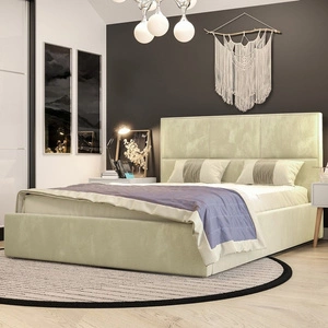 Čalouněná postel Hestia 140x200 s kontejnerem béžové barvy v moderním skandinávském stylu s pohodlným podhlavníkem