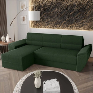 Rohová pohovka s funkcí spaní Fogu II zelená levá stylová rohová pohovka s pohodlnými područkami a kontejnerem na lůžkoviny