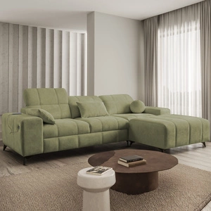 Rohová sedačka s funkcí spaní Penejos olivová pravá elegantní rohová sedačka s úložným prostorem na lůžkoviny pohodlné nastavitelné opěrky hlavy