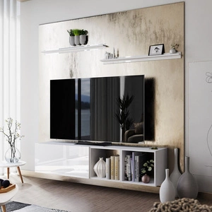 Nástěnná TV skříňka Astros 180 cm bílá / bílý lesk s policemi minimalistický a elegantní design, který se hodí do každého interiéru