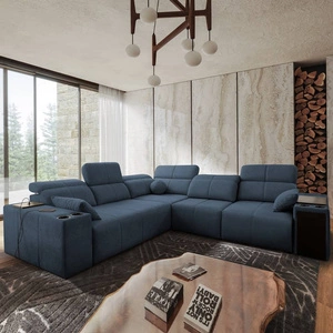 Rohová sedací souprava s funkcí spaní Tesalia III modrá pravá komfortní rohová sedací souprava s posuvným opěradlem dvě nádoby na lůžkoviny