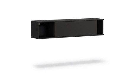 Nábytková sestava Tutti černá jednoduchá forma nástěnné skříňky na kovovém černém podstavci bezúchytkový systém otevírání push to open