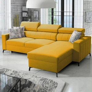 Rohová sedací souprava s funkcí spaní Savona žlutá pravá pohodlná a elegantní rohová sedací souprava s nastavitelnými opěrkami hlavy dekorativní prošívání