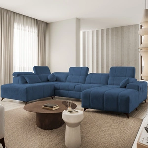 Rohová pohovka s funkcí spaní Penejos VI modrá pravostranná stylová rohová pohovka se dvěma přihrádkami na lůžkoviny odolná látka