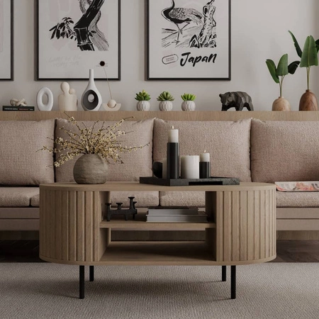 Konferenční stolek Ovalio dub cremona designová oválná konstrukce dekorativní frézování stolu na stabilních kovových nohách