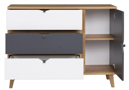 Komoda Memone 120 cm zlatý dub / bílá / grafit ideální komoda do dětského nebo mládežnického pokoje ve skandinávském stylu