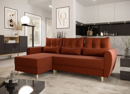 Rohová sedací souprava s funkcí spaní Rovigo cihlově červená levá elegantní rohová sedací souprava ve skandinávském tvaru velký prostor na lůžkoviny