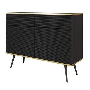 Luxusní 107 cm zásuvková komoda černá stylová komoda s drážkovanými čely korpus zakončený zlatým lemováním černé kovové nohy