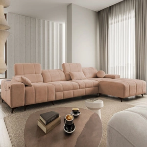 Rohová sedací souprava s funkcí spaní Penejos XII losos pravý Stylová rohová sedací souprava s kontejnery na lůžkoviny Pohodlné polohovatelné opěrky hlavy