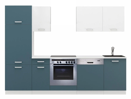 Kuchyňská sestava Toni 270 cm bílá / mořská s pracovní deskou vypadá skvěle v moderních interiérech