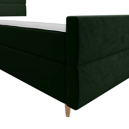 Kontinentální postel Benet 90x200 lahvově zelená v moderním skandinávském stylu s čalouněným čelem a nohou postele s úložným boxem
