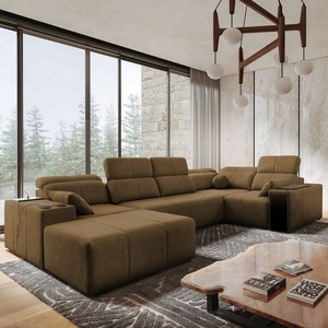 Rohová sedací souprava s funkcí spaní Tesalia IV hnědá levá pohodlná rohová sedací souprava do obývacího pokoje s inovativní funkcí posuvného opěradla