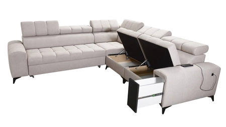 Rohová sedací souprava s funkcí spaní Bolmso III béžová pravostranná rohová sedací souprava s kontejnery na lůžkoviny s plnovýsuvnou zásuvkou v boku nábytku