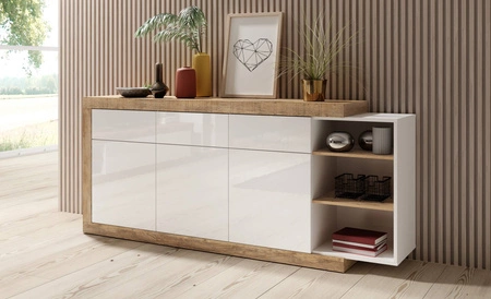 Komoda Sintra 200 cm dub samdal / bílý lesk funkční ideální pro moderní a skandinávské interiéry