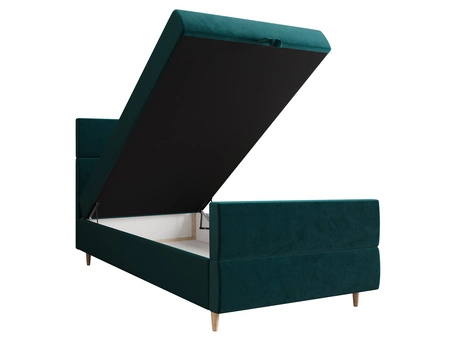 Kontinentální postel Benet 90x200 v tyrkysové barvě v moderním skandinávském stylu s čalouněným čelem a nohami postele s úložným boxem