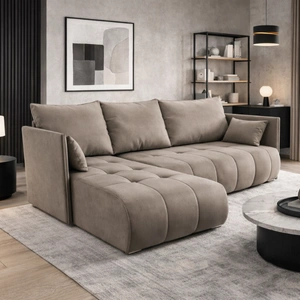 Rohová pohovka s funkcí spaní Selva tmavě béžová univerzální rohová pohovka s úložným prostorem na lůžkoviny z látky s plyšovým povrchem