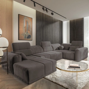 Rohová sedací souprava s funkcí spaní Cetara IV šedohnědá levá strana stylový rohový design s posuvnými opěradly dvě nádoby na lůžkoviny