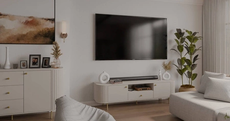 RTV skříňka Ovalio 181 cm béžová netradiční TV skříňka do obývacího pokoje kovové dekorativní doplňky frézování