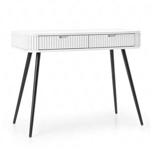 Bílá konzola Zoya se zásuvkami stylový a funkční toaletní stolek zakřivený masivní tvar rýhovaná čela zásuvek kovové nohy
