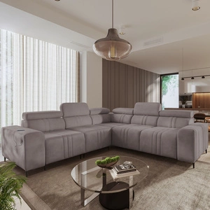 Rohová sedací souprava s funkcí spaní Castel III šedohnědá levá rohová sedací souprava se dvěma kontejnery na lůžkoviny s nastavitelnými opěrkami hlavy