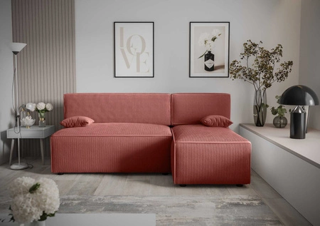 Rohová pohovka s funkcí spaní Brandon Indian pink pravý roh trojrozměrná tkanina s výraznými pruhy nádoba na lůžkoviny