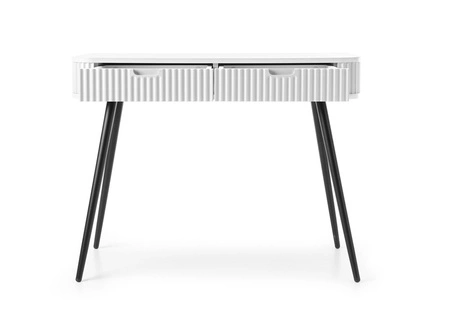 Bílá konzola Zoya se zásuvkami stylový a funkční toaletní stolek zakřivený masivní tvar rýhovaná čela zásuvek kovové nohy