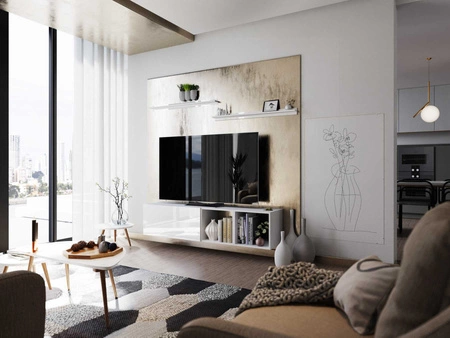 Nástěnná TV skříňka Astros 180 cm bílá / bílý lesk s policemi minimalistický a elegantní design, který se hodí do každého interiéru 