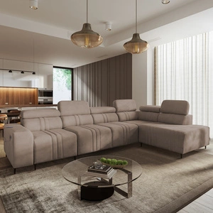 Rohová sedací souprava s funkcí spaní Castel XI světle hnědá pravá rohová přikrývka s úložným prostorem na lůžkoviny odolná tkanina