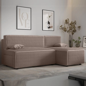 Rozkládací pohovka Brandon světle hnědá pravý roh trojrozměrná pruhovaná tkanina výrazná nádoba na lůžkoviny