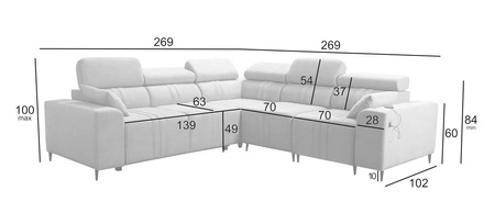 Rohová sedačka s funkcí spaní Castel III modrá pravá rohová sedačka se dvěma kontejnery na lůžkoviny s nastavitelnými opěrkami hlavy