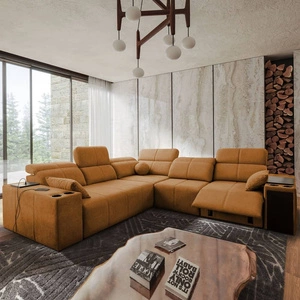 Rohová sedací souprava s funkcí spaní Tesalia III Lux med pravá pohodlná rohová sedací souprava s výsuvnou podnožkou a posuvnou funkcí opěradla