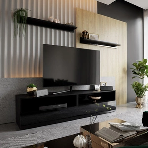 Plisii 172 cm černá / lesklá černá RTV skříňka se závěsem a policemi stylový design, který se hodí do každého interiéru