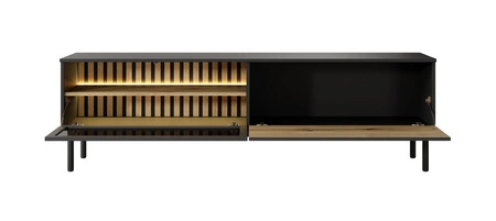 RTV Clovis 180 cm černá / dub evokuje praktickou a stylovou skříňku se skleněnou přední částí obohacenou o LED osvětlení