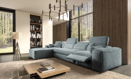 Rohová sedací souprava s funkcí spaní Viano XII Lux šedomodrá levostranná designová rohová sedací souprava do obývacího pokoje s pohodlným výsuvným podnožníkem
