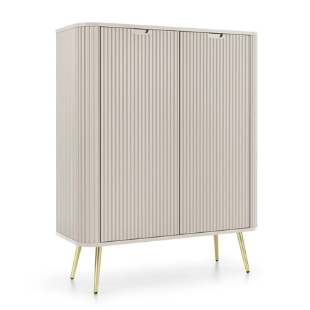 Béžová komoda Zoya 103 cm elegantní design oválného tvaru na zlatých kovových nohách vkusné drážkované čelo