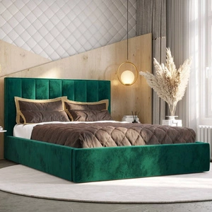 Čalouněná postel Rinus 180x200 s úložným prostorem lahvově zelená v moderním skandinávském stylu s pohodlným čelem