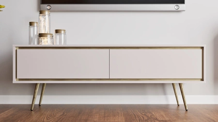 RTV skříňka Nevea 150 cm béžová elegantní skříňka v decentních barvách originální dekorace každého interiéru stabilní zlaté nohy