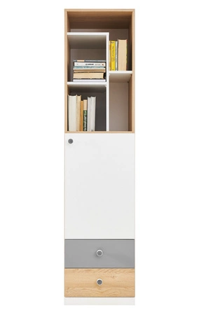 Nástěnná skříňka Pixel v barvě dub biscuit / bílá / šedá ideální do dětského nebo mládežnického pokoje v módním stylu
