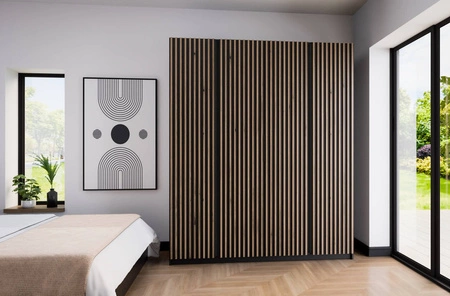 Šatní skříň Kastano XV 200 cm černá / dub evokuje moderní design dveře zdobené černými lamelami ideální skříň do ložnice