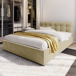 Čalouněná postel Montigo 140x200 béžová s kontejnerem v moderním skandinávském stylu s prošívaným čelem