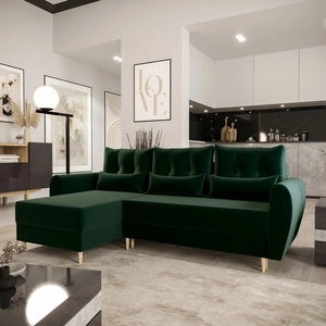 Rohová pohovka s funkcí spaní Rovigo láhev zelená levá elegantní rohová pohovka ve skandinávském designu velký prostor na lůžkoviny