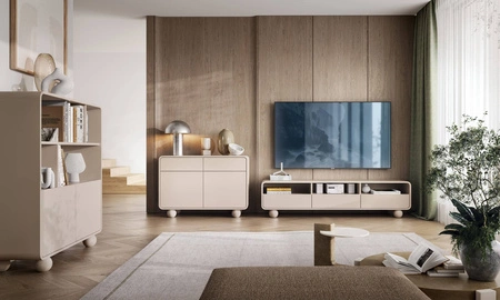 RTV skříňka Bion 160 cm béžová stylová TV skříňka v originálním stylu zaobleného tvaru designové kulovité nohy