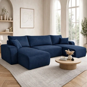 Rohová sedací souprava s funkcí spaní Fiesta U tmavě modrá stylová rohová sedací souprava se zajímavým tvarem odolná nádoba na lůžkoviny z plyšové tkaniny