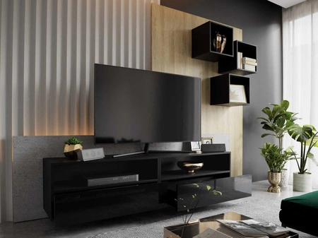 Nero černá / černý lesk Moderní nástěnná skříňka do obývacího pokoje Praktický systém zásuvek s otevíráním push to open