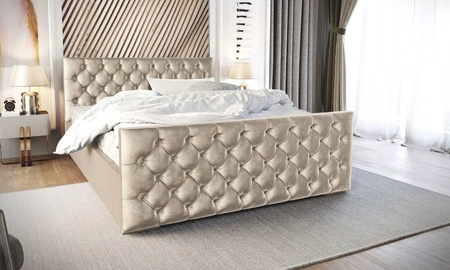 Čalouněná postel Viamao 140x200 béžová s kontejnerem v moderním skandinávském stylu s prošívaným čelem a nohou