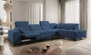 Rohová sedací souprava s funkcí spaní Penejos XI Lux modrá pravostranná stylová rohová sedací souprava s pohodlným výsuvným podnožníkem