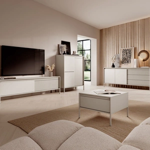 Nábytková sestava Sesti béžová moderní a originální designová nástěnná skříňka zajímavá kombinace drážkování s hladkými push-to-open čely