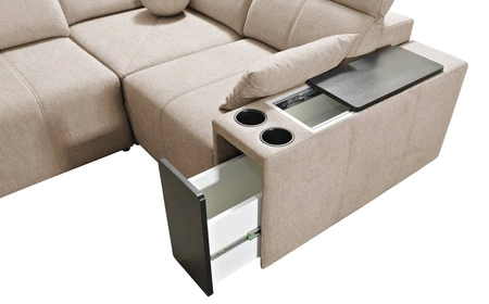 Rohová sedací souprava s funkcí spaní Tesalia modrá levá moderní design pohodlný posuvný opěrák zásuvka v boku nábytku